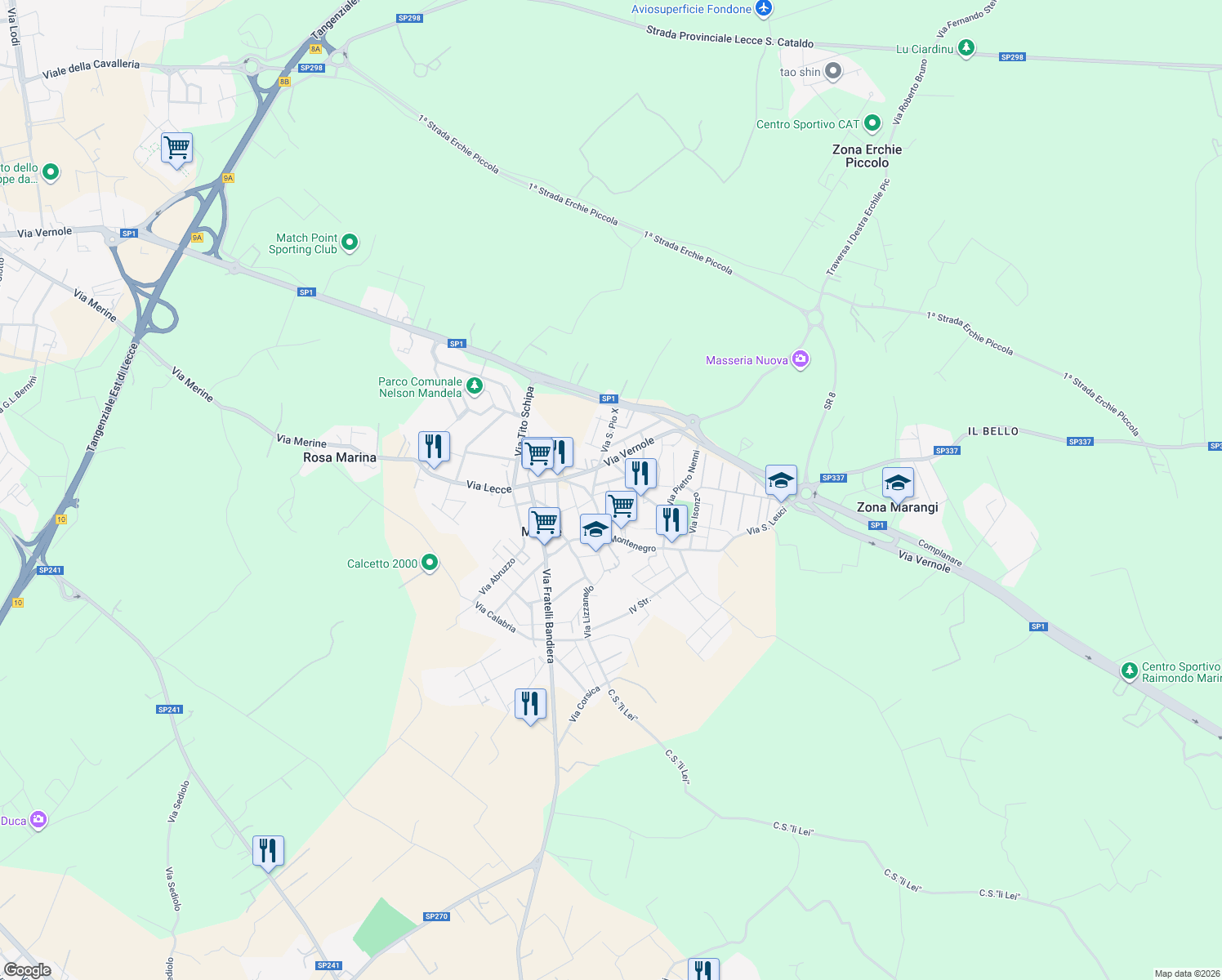 map of restaurants, bars, coffee shops, grocery stores, and more near 9 Via San Vito in Merine