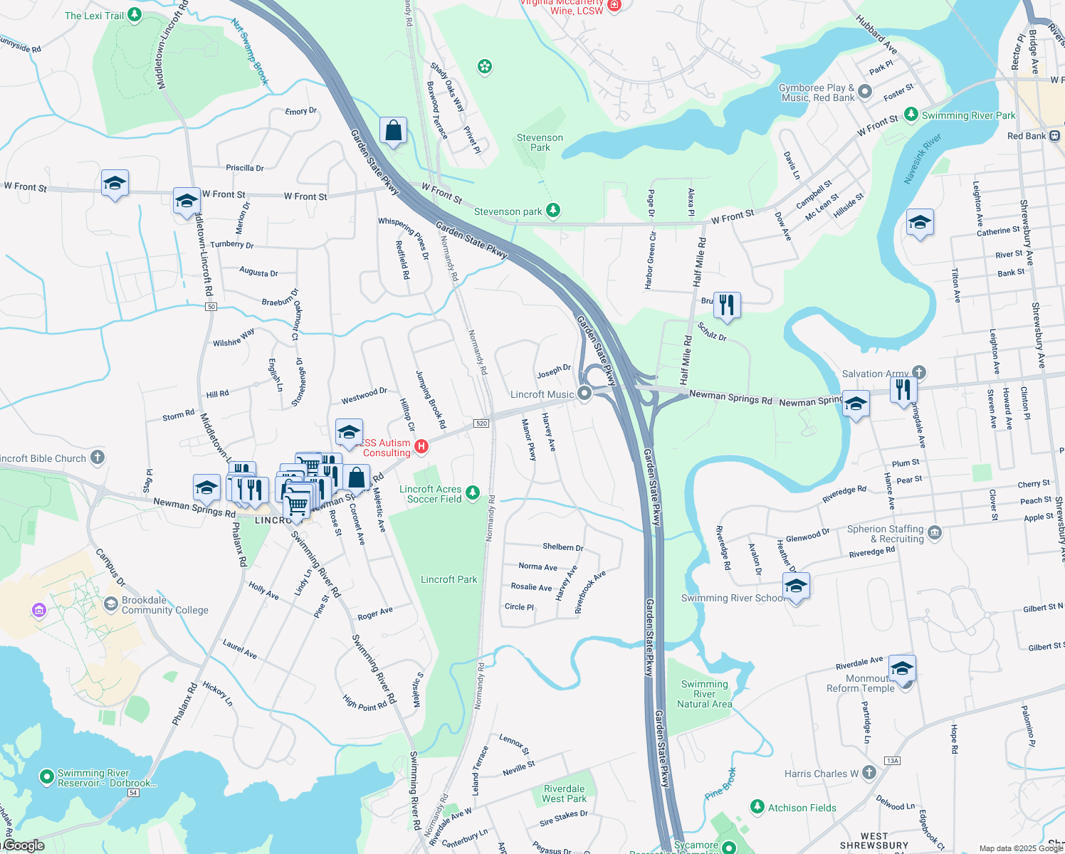 map of restaurants, bars, coffee shops, grocery stores, and more near 21 Manor Parkway in Middletown