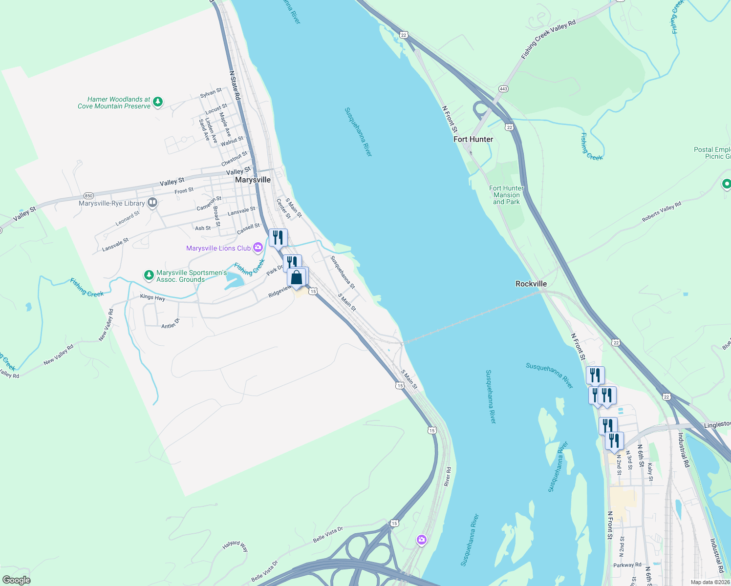 map of restaurants, bars, coffee shops, grocery stores, and more near 601 Susquehanna St in Marysville