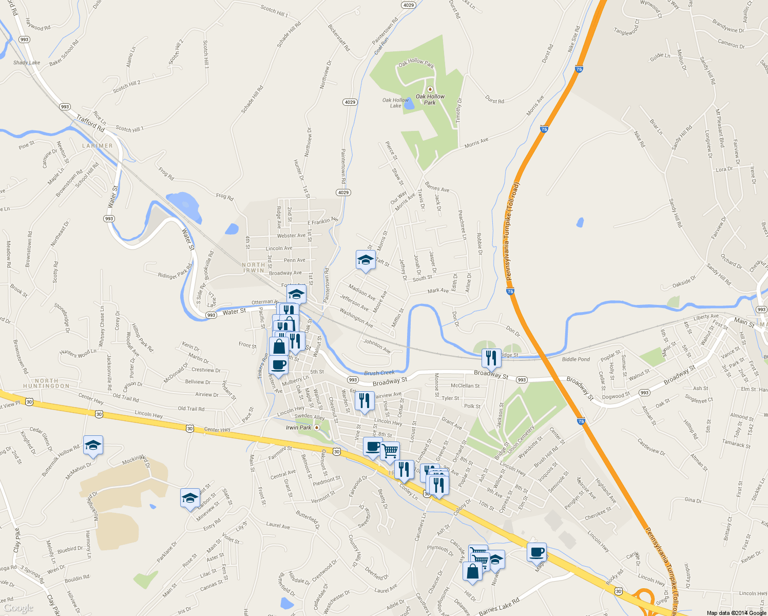 map of restaurants, bars, coffee shops, grocery stores, and more near 10230 Madison Ave in Irwin