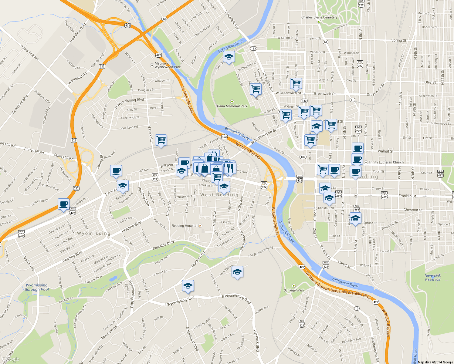 map of restaurants, bars, coffee shops, grocery stores, and more near 411 Cherry St in Reading