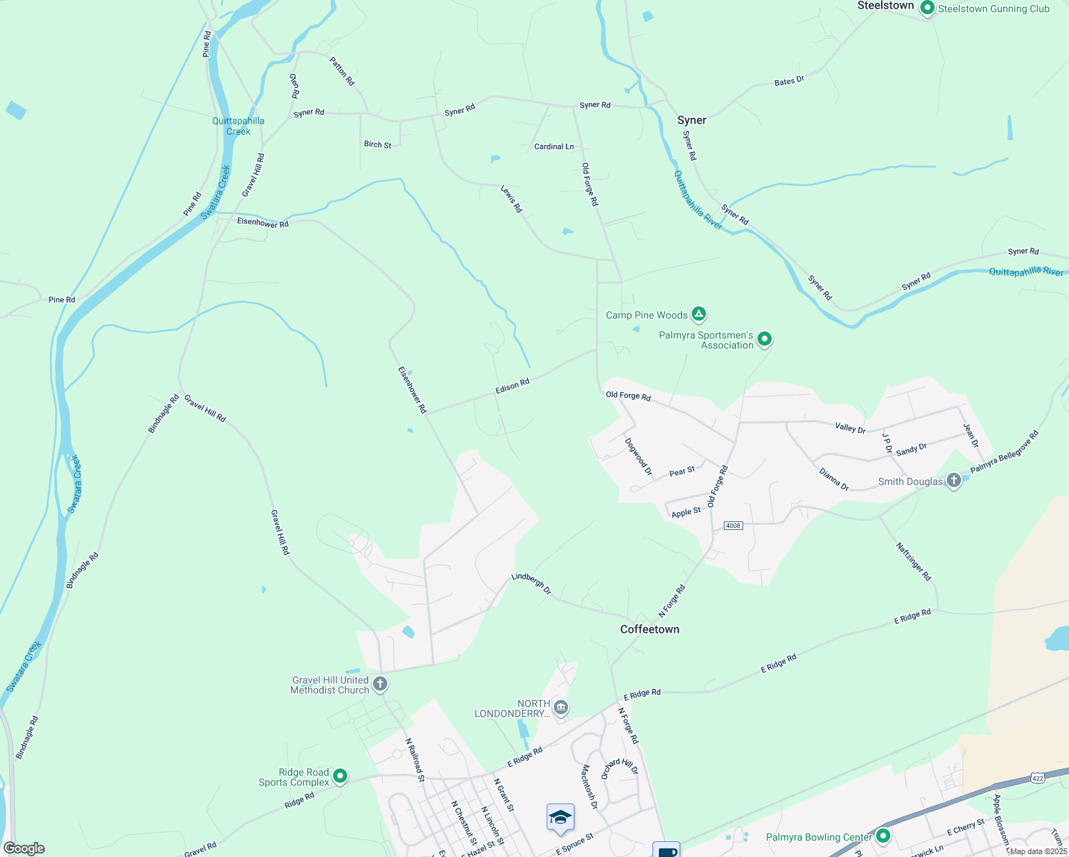 map of restaurants, bars, coffee shops, grocery stores, and more near 138 White Tail Lane in Palmyra