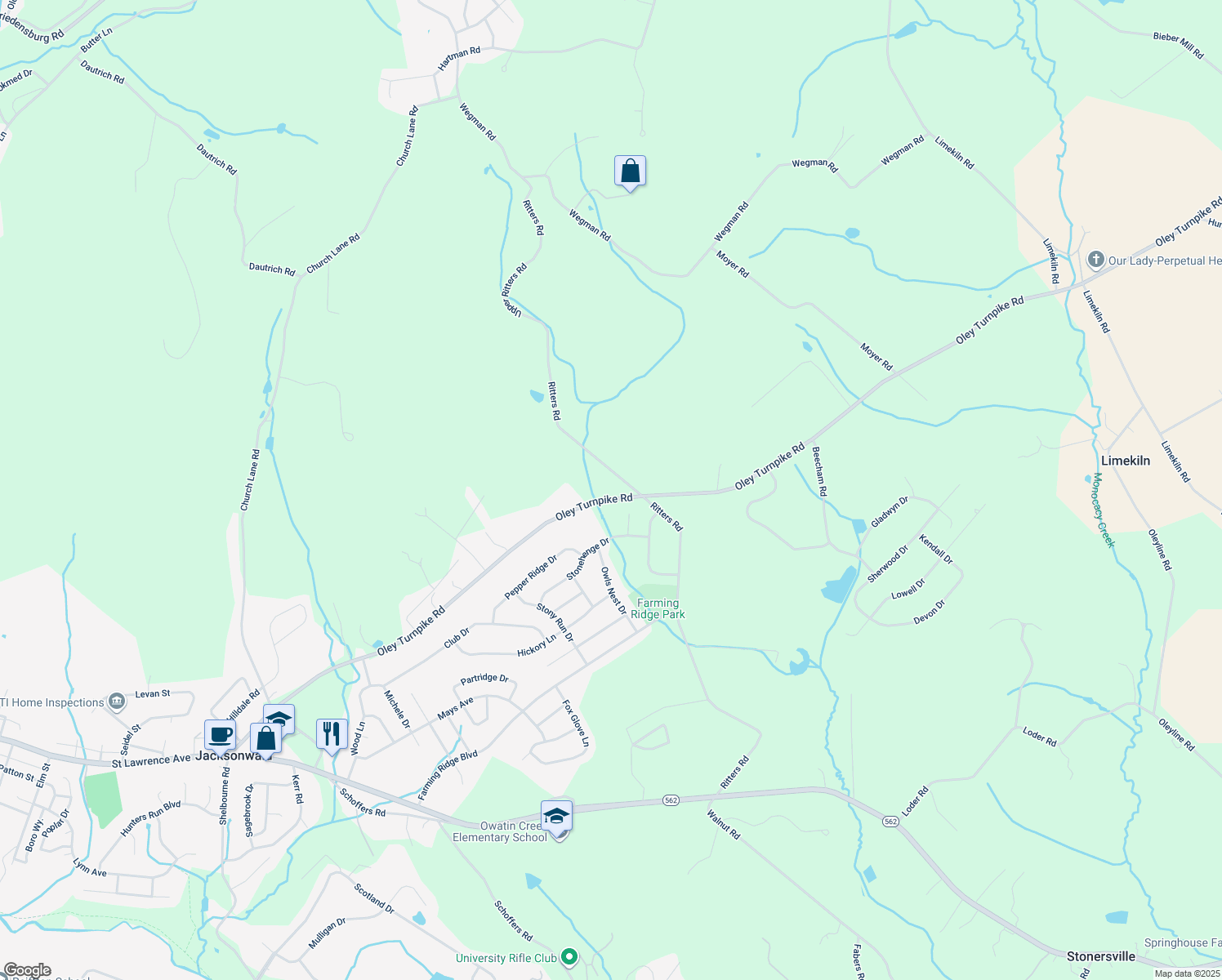 map of restaurants, bars, coffee shops, grocery stores, and more near 5190 Oley Turnpike Road in Reading
