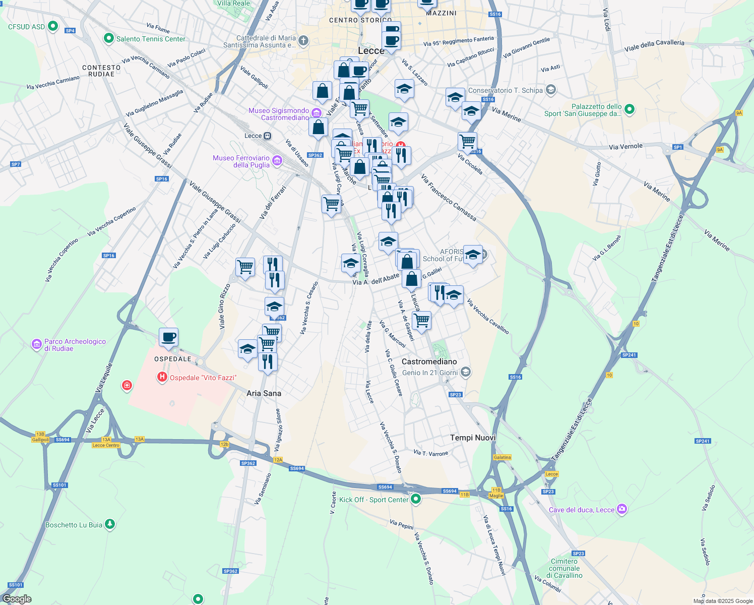 map of restaurants, bars, coffee shops, grocery stores, and more near 65 Via Papa Pio XII in Castromediano