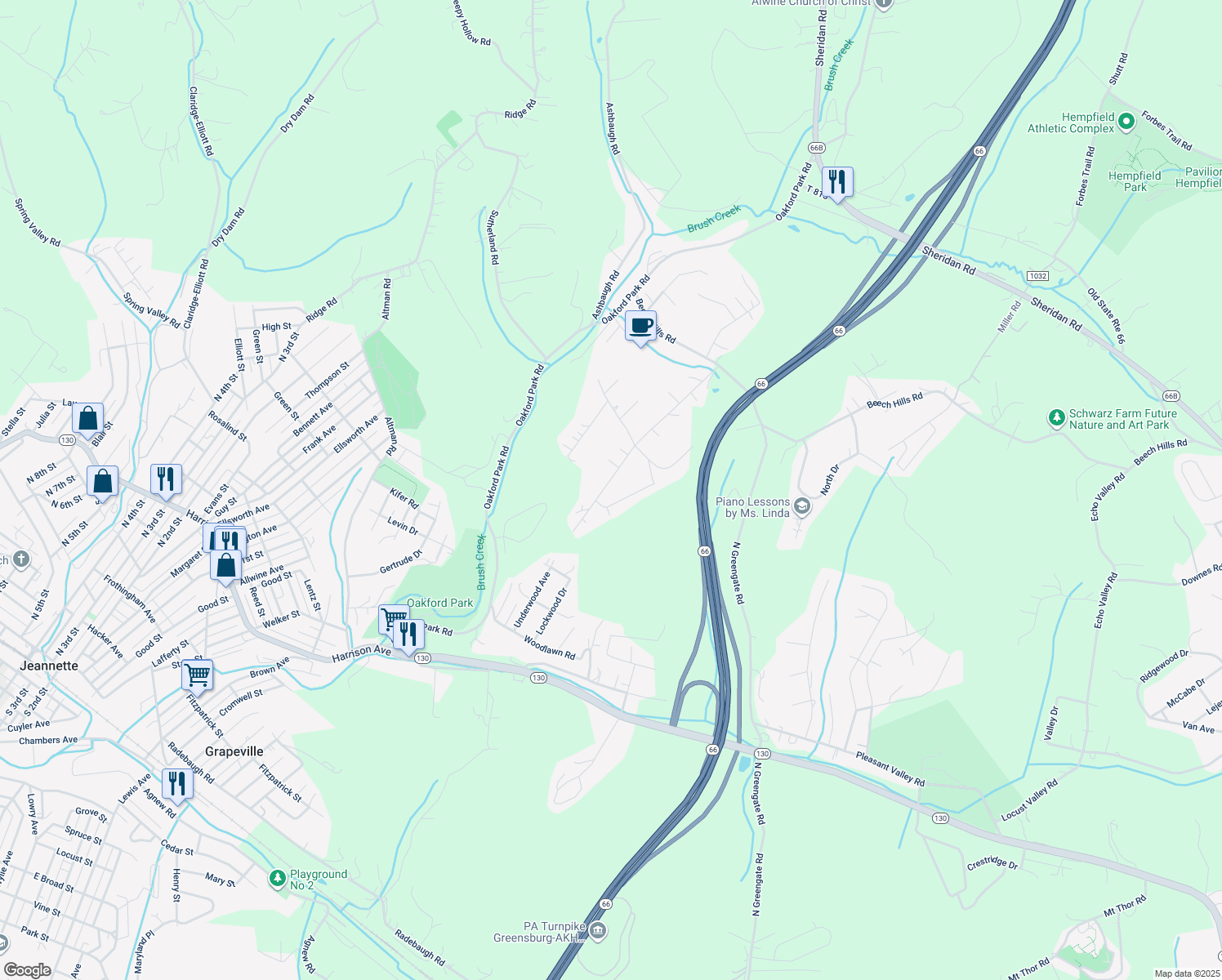 map of restaurants, bars, coffee shops, grocery stores, and more near 219 Bashforth Dr in Jeannette