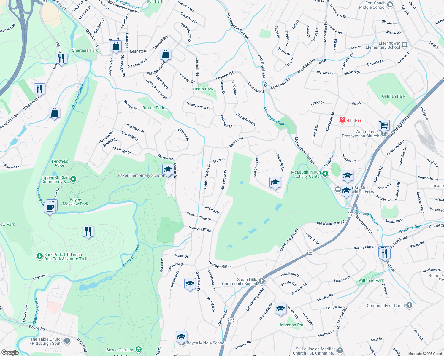 map of restaurants, bars, coffee shops, grocery stores, and more near 2334 Engelwood Drive in Pittsburgh