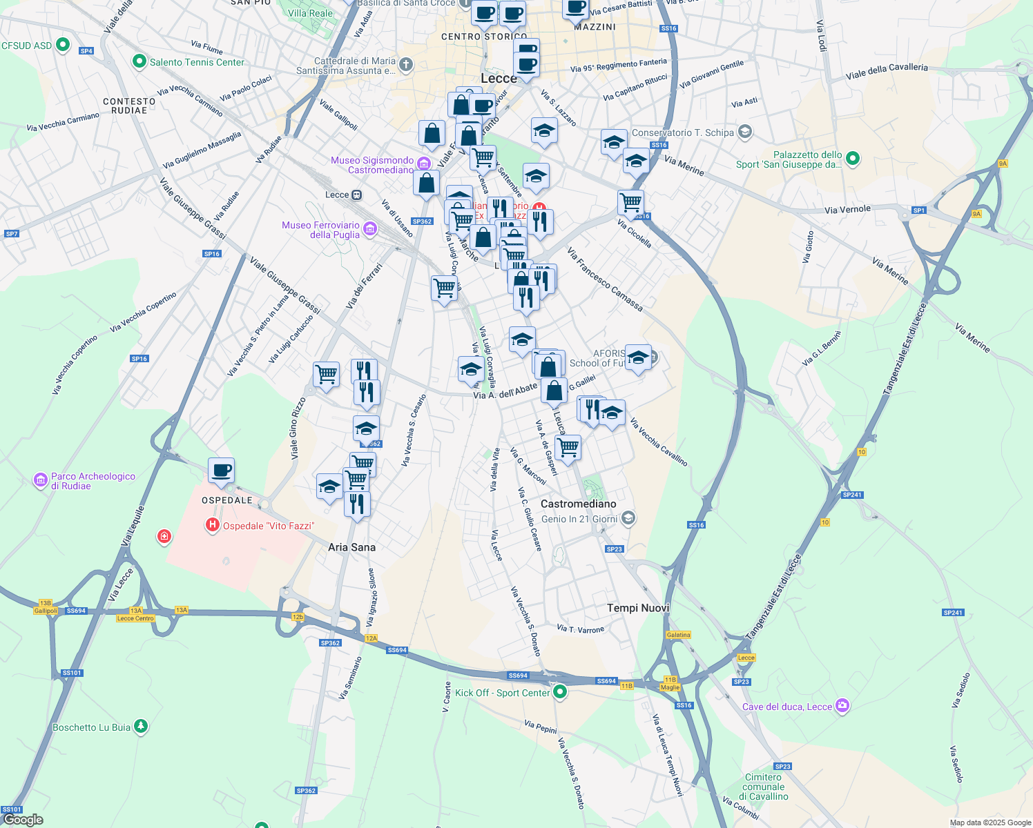 map of restaurants, bars, coffee shops, grocery stores, and more near 65 Via Papa Pio XII in Castromediano