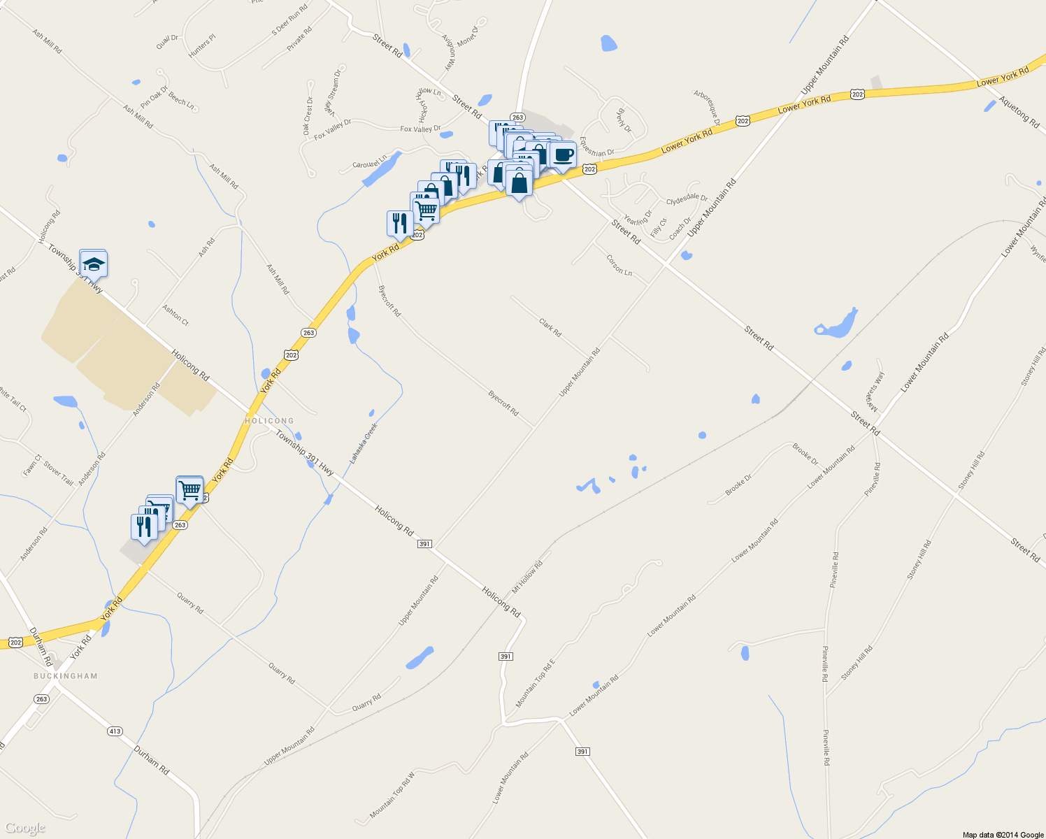 map of restaurants, bars, coffee shops, grocery stores, and more near 2310 Byecroft Road in New Hope