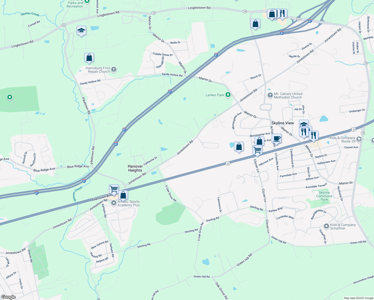 map of restaurants, bars, coffee shops, grocery stores, and more near 7343 Jonestown Road in Harrisburg