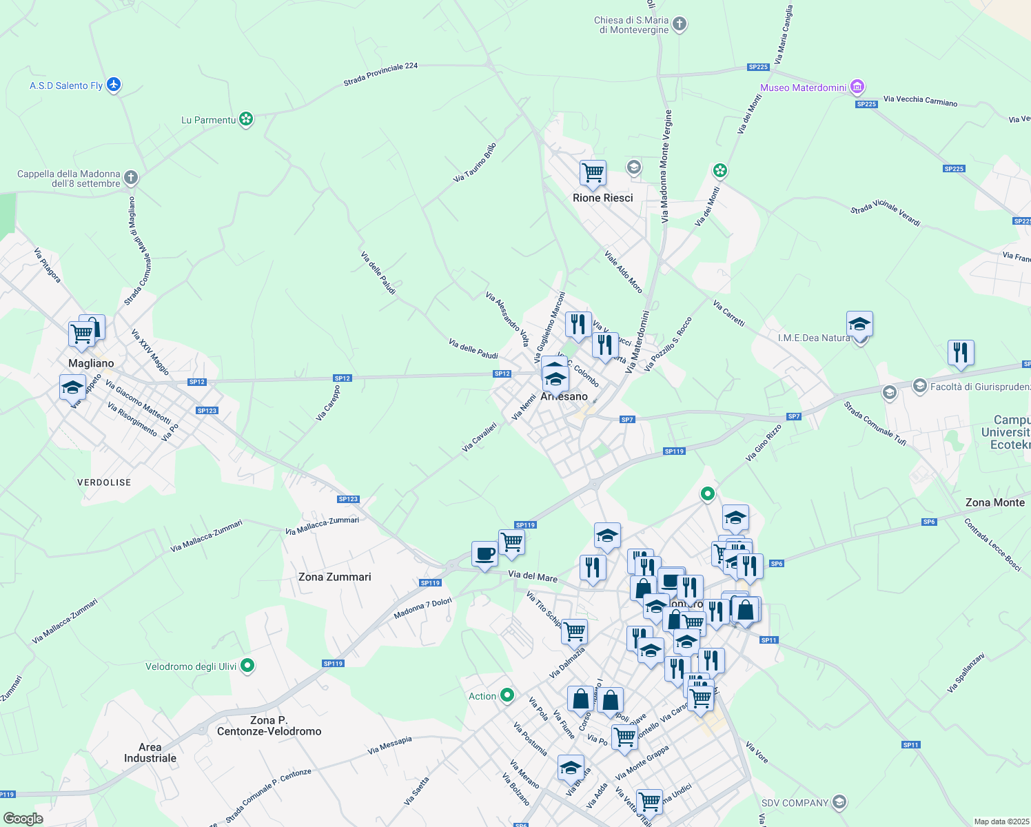 map of restaurants, bars, coffee shops, grocery stores, and more near 65 Via Petrelli in Arnesano