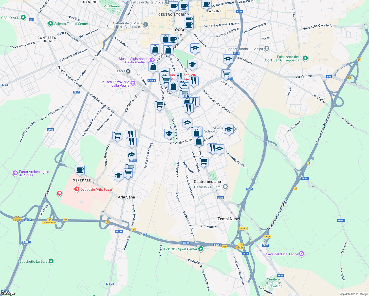 map of restaurants, bars, coffee shops, grocery stores, and more near 26-30 Via dell'Abate Antonio in Lecce