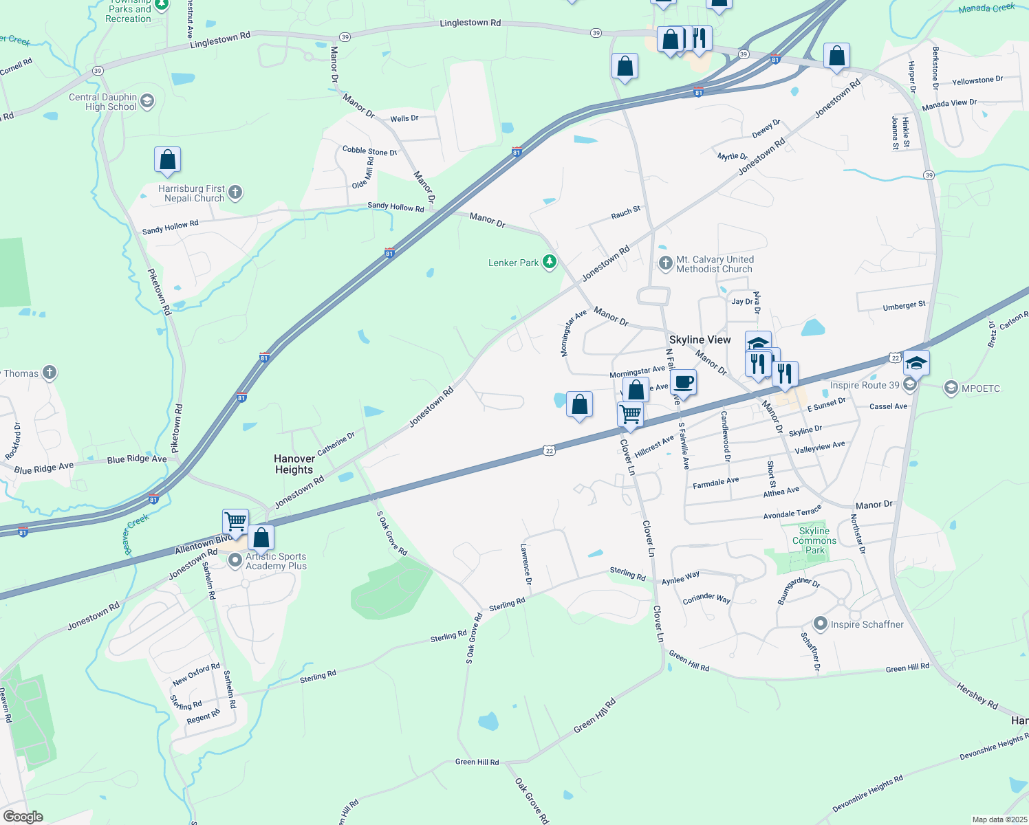map of restaurants, bars, coffee shops, grocery stores, and more near 135 Mapleton Boulevard in Harrisburg