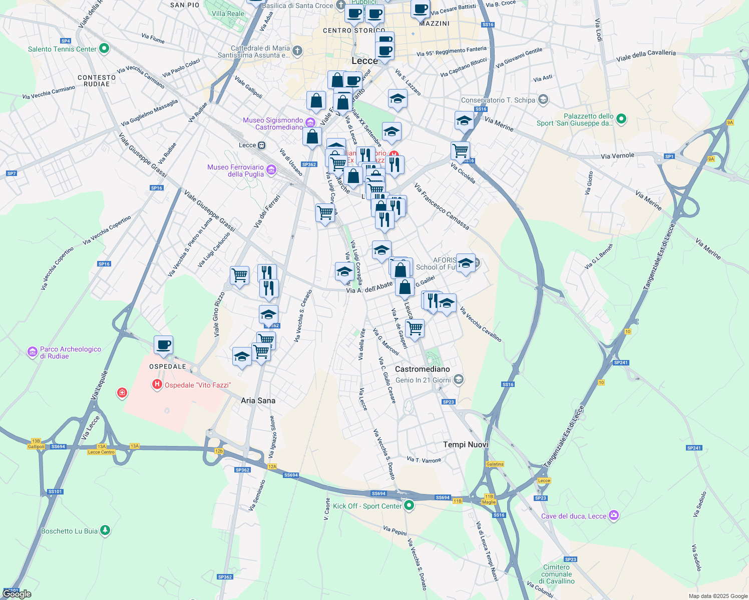 map of restaurants, bars, coffee shops, grocery stores, and more near 26-30 Via dell'Abate Antonio in Lecce