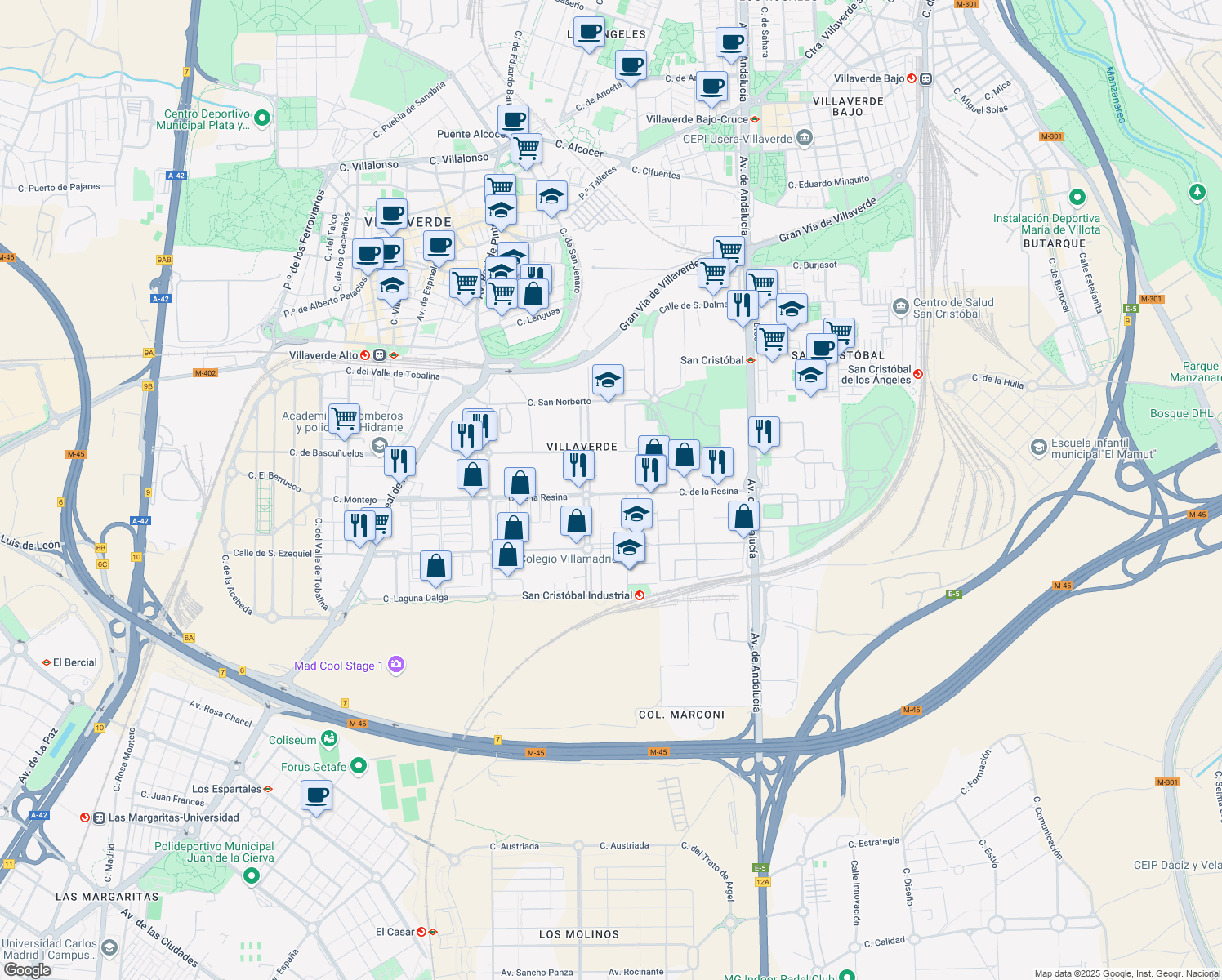 map of restaurants, bars, coffee shops, grocery stores, and more near 18 Calle de la Resina in Madrid