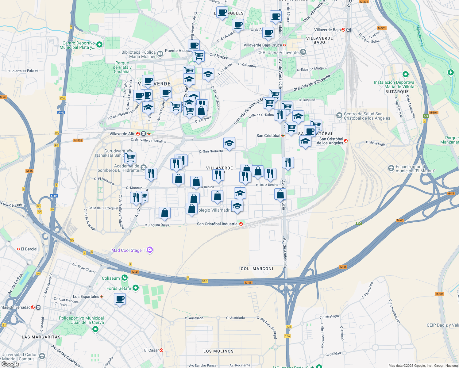 map of restaurants, bars, coffee shops, grocery stores, and more near 18 Calle de la Resina in Madrid