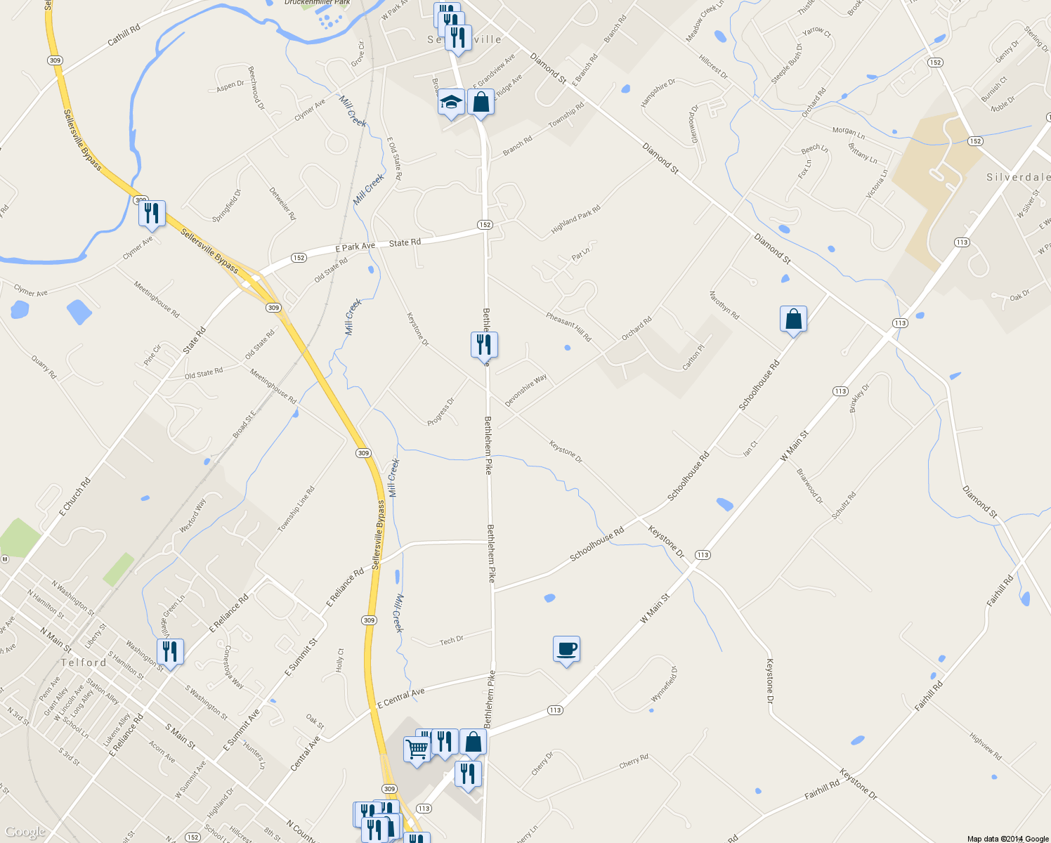 map of restaurants, bars, coffee shops, grocery stores, and more near 521 Keystone Drive in Sellersville