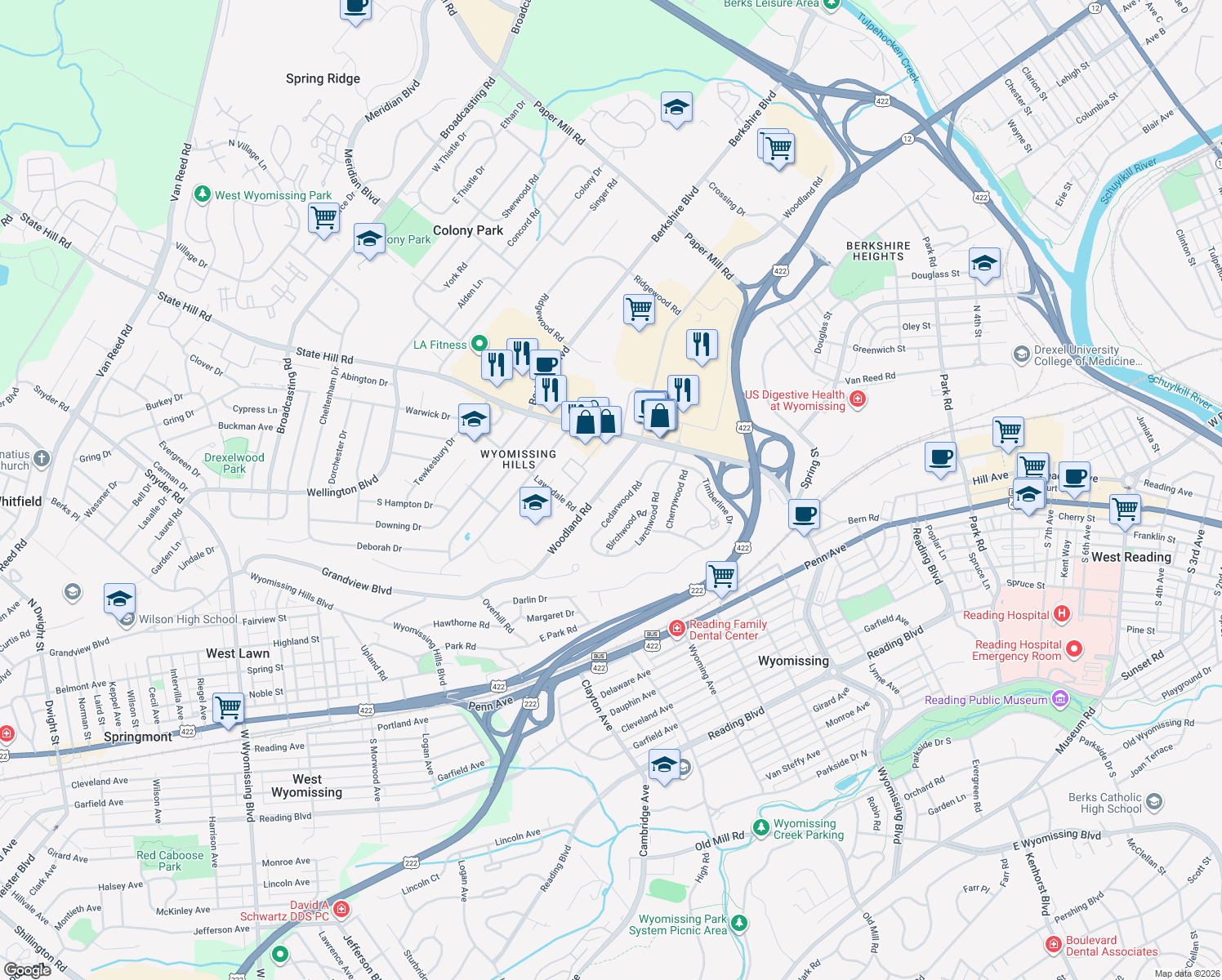map of restaurants, bars, coffee shops, grocery stores, and more near 35 Woodland Road in Reading