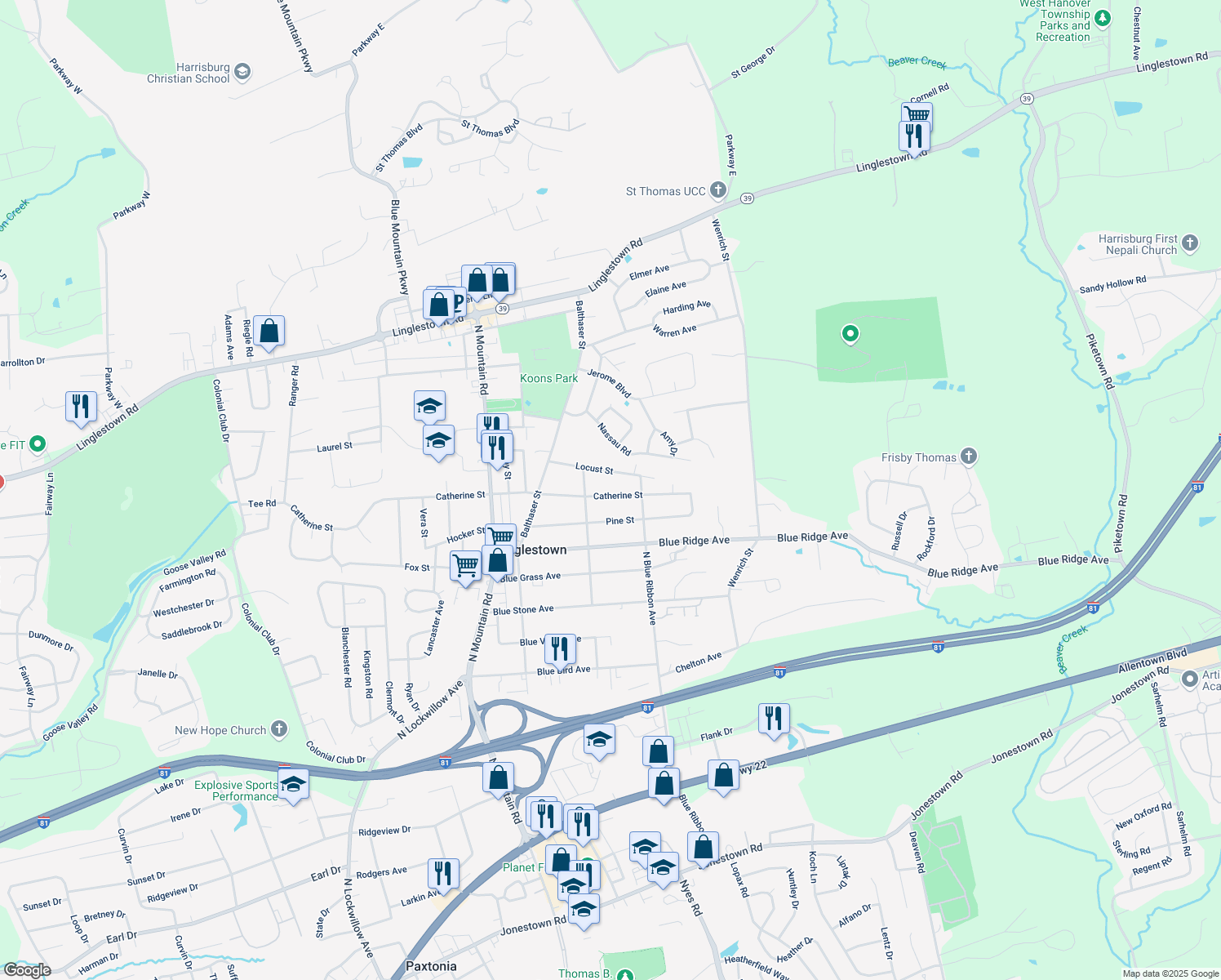 map of restaurants, bars, coffee shops, grocery stores, and more near 6210 Catherine Street in Harrisburg