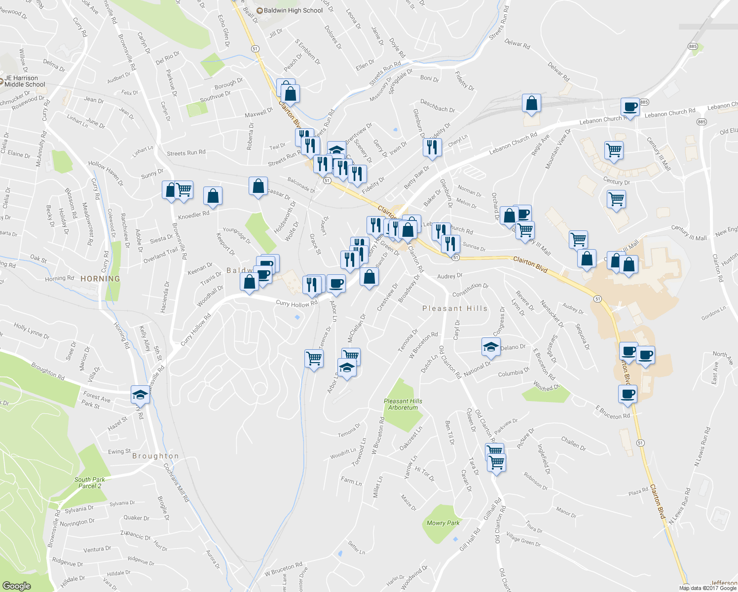 map of restaurants, bars, coffee shops, grocery stores, and more near 214 Mc Clellan Drive in Pittsburgh
