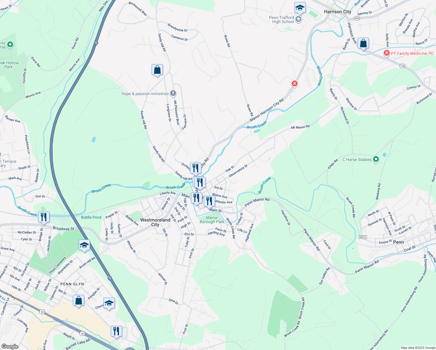 map of restaurants, bars, coffee shops, grocery stores, and more near 45 Oak Street in Manor