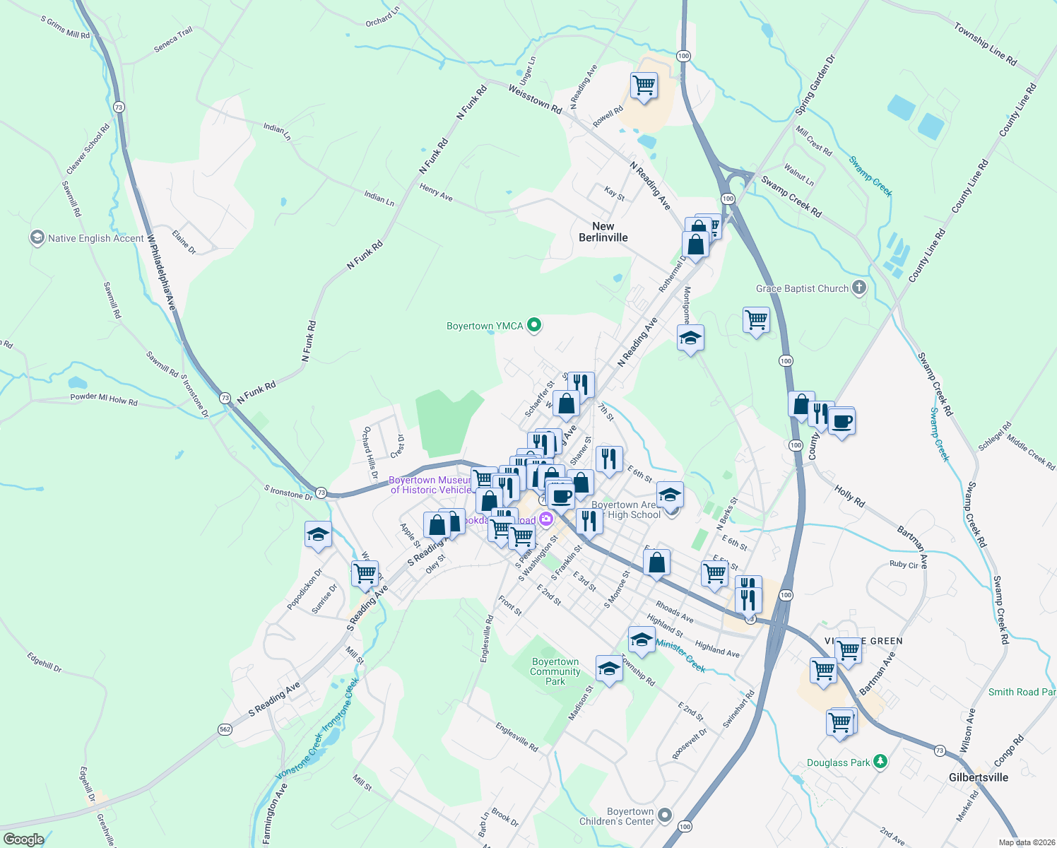 map of restaurants, bars, coffee shops, grocery stores, and more near 100 Schaeffer St in Boyertown