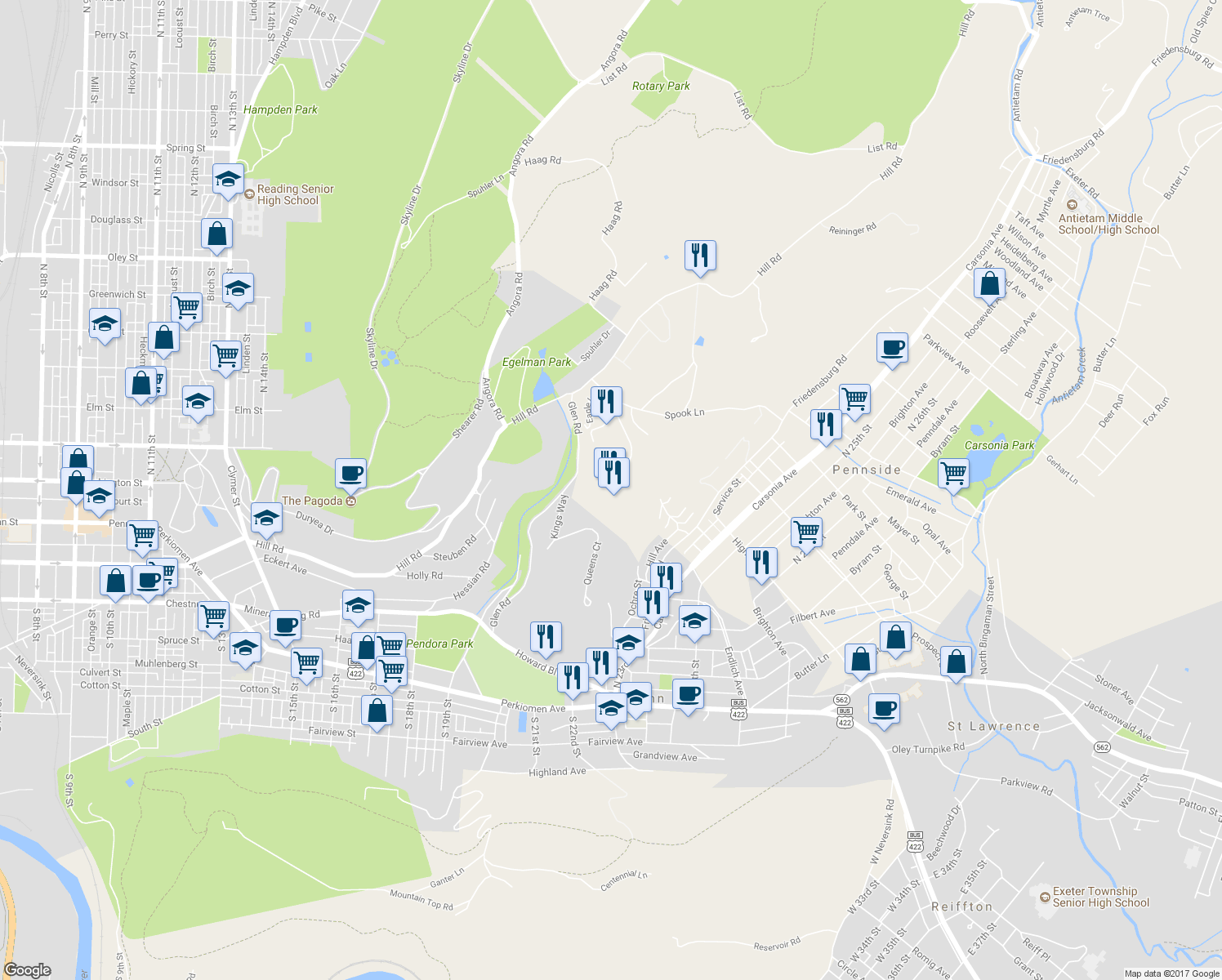 map of restaurants, bars, coffee shops, grocery stores, and more near 141 Stokesay Castle Lane in Reading