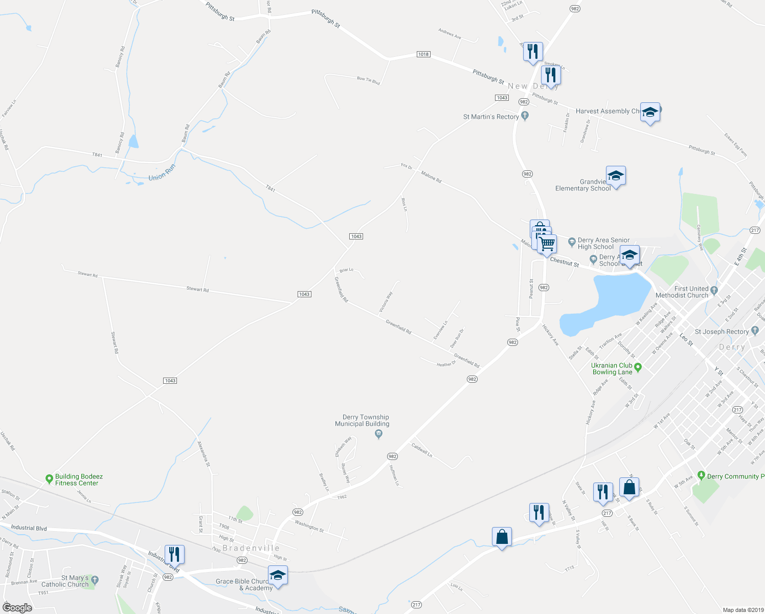 map of restaurants, bars, coffee shops, grocery stores, and more near Victoria Way in Derry
