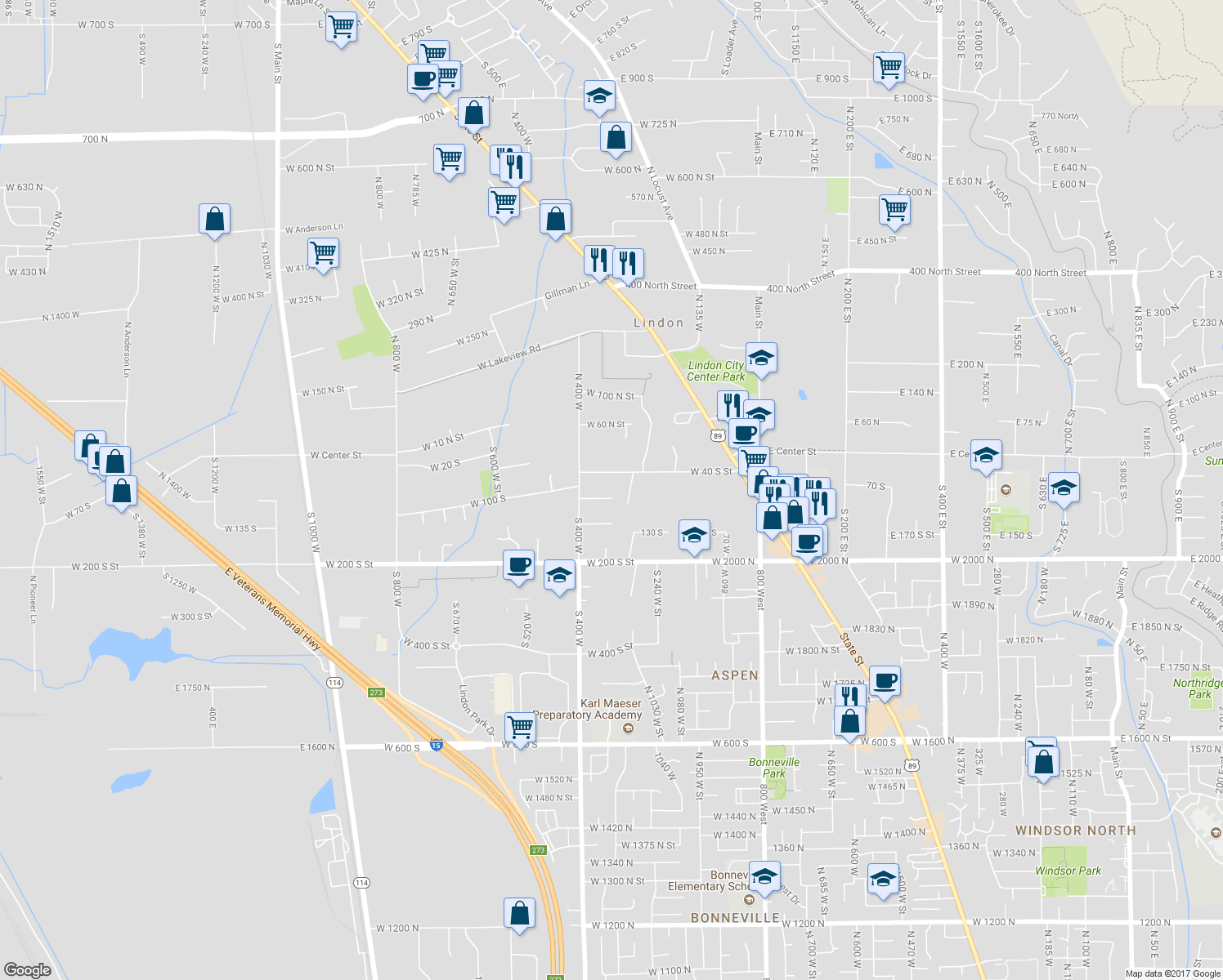 map of restaurants, bars, coffee shops, grocery stores, and more near 352 West 110 South in Lindon