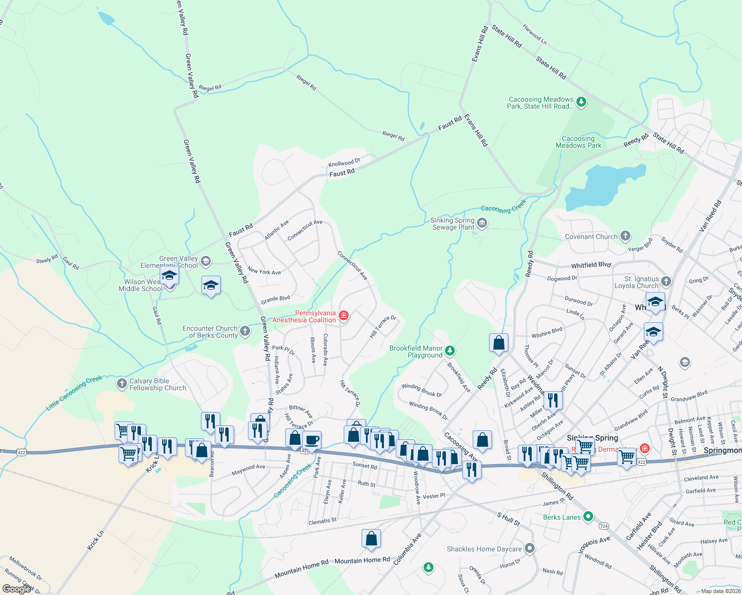 map of restaurants, bars, coffee shops, grocery stores, and more near 60 Connecticut Avenue in Sinking Spring