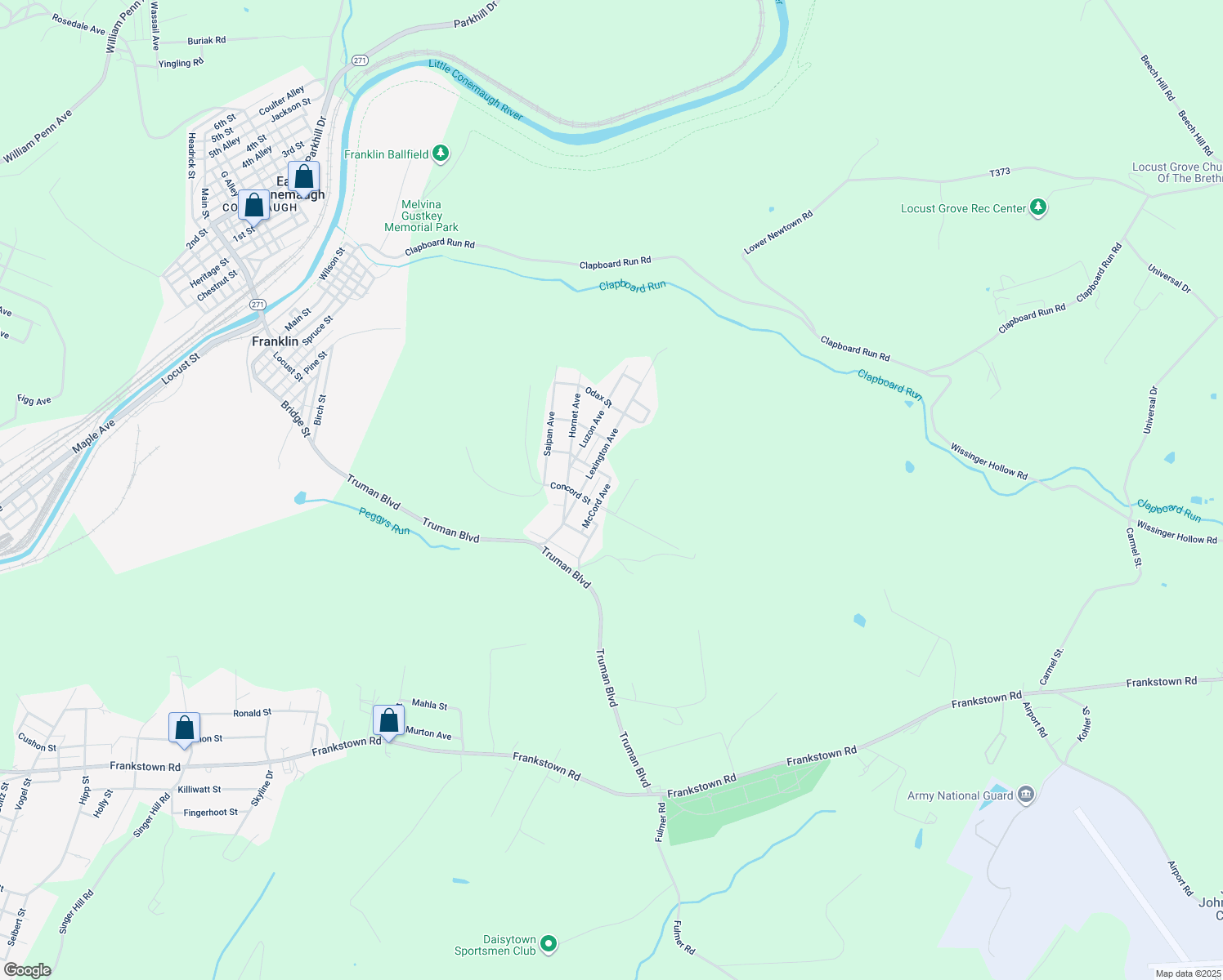 map of restaurants, bars, coffee shops, grocery stores, and more near 210 McCord Avenue in Johnstown