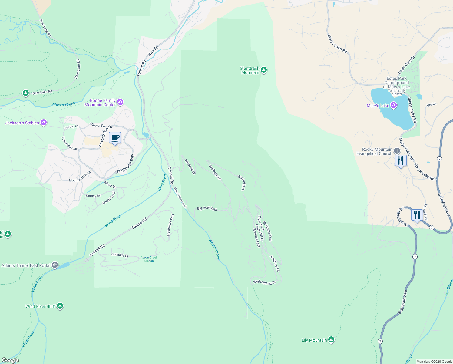 map of restaurants, bars, coffee shops, grocery stores, and more near 1825 Windcliff Drive in Estes Park
