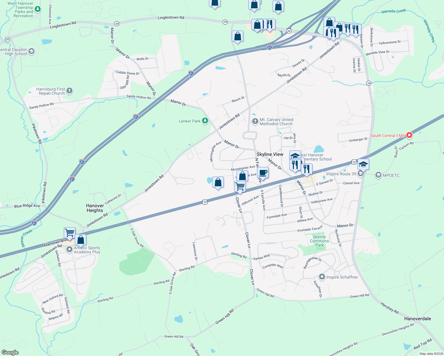 map of restaurants, bars, coffee shops, grocery stores, and more near 7559 Red Pine Rd in Harrisburg
