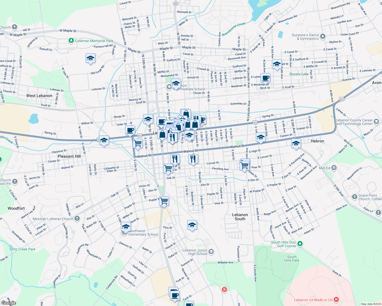 map of restaurants, bars, coffee shops, grocery stores, and more near 612 Walnut St in Lebanon