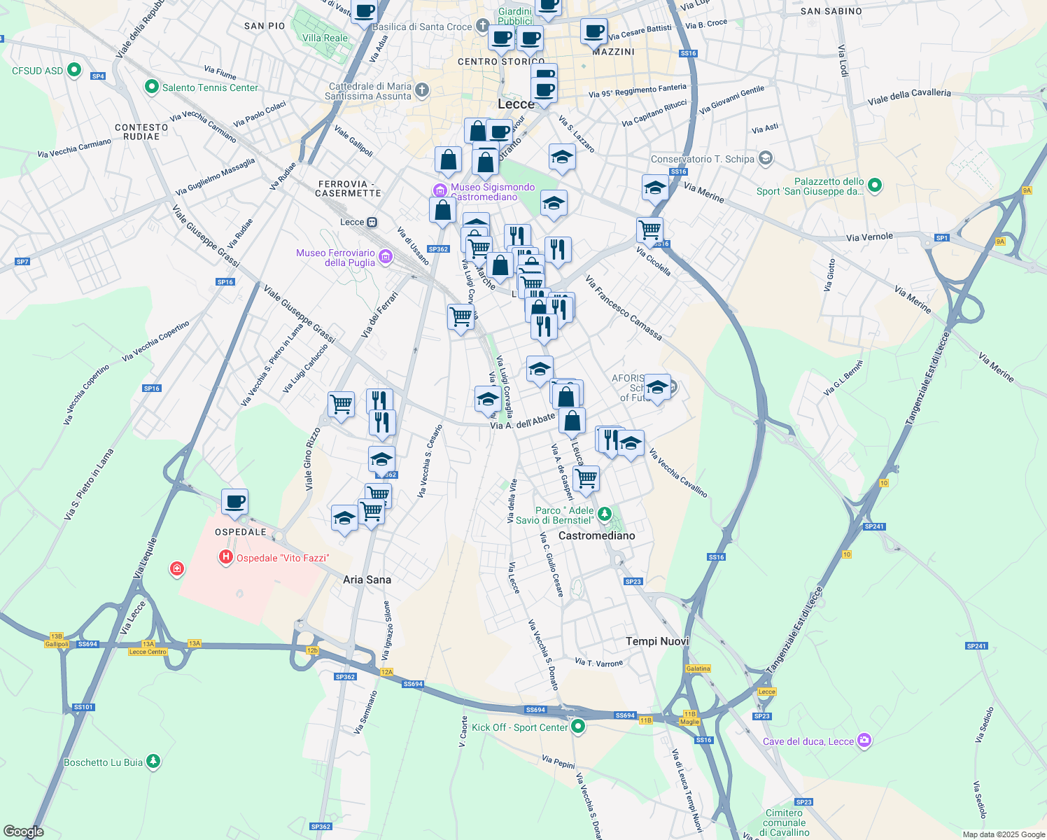 map of restaurants, bars, coffee shops, grocery stores, and more near 30 Via A. dell'Abate in Lecce