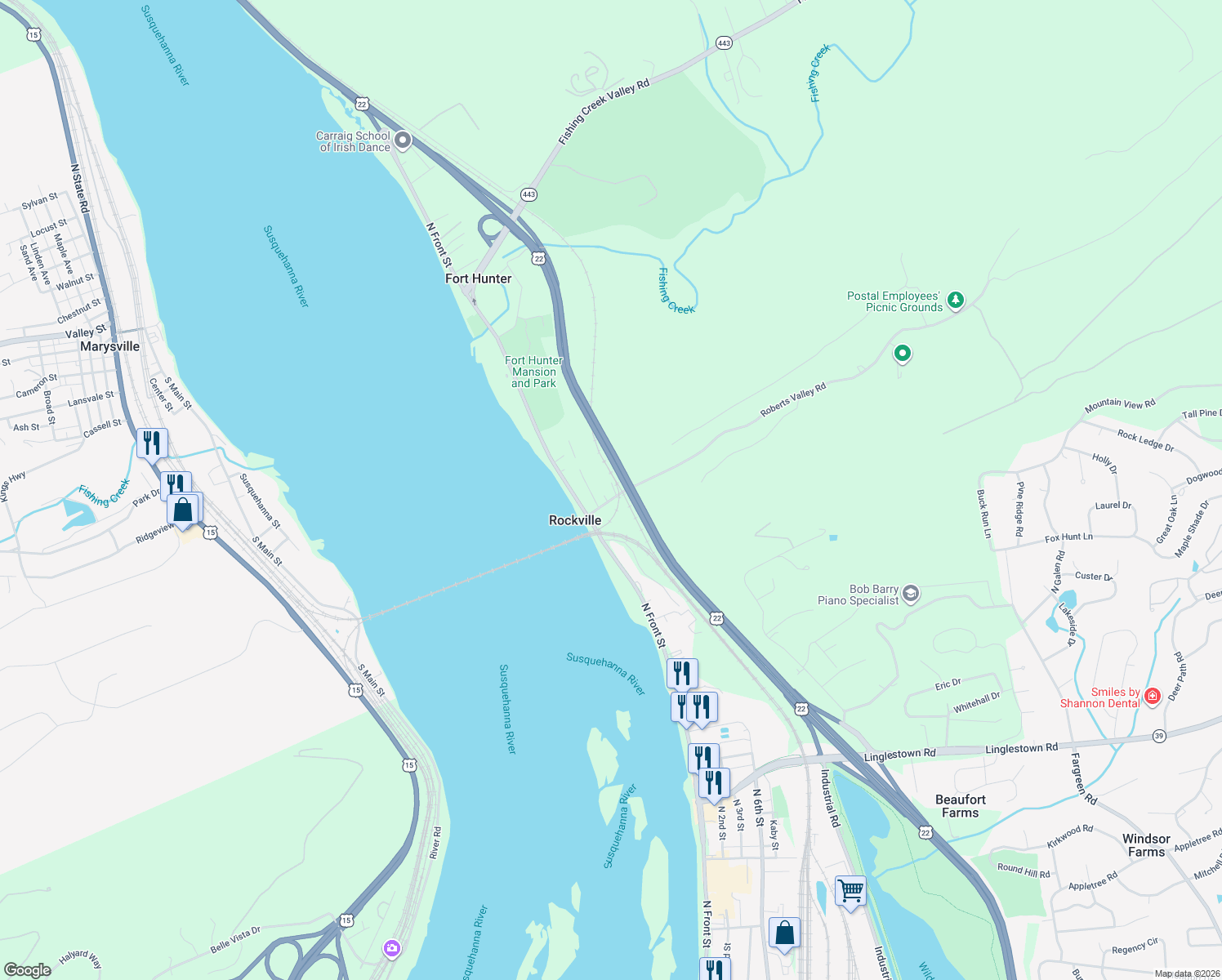 map of restaurants, bars, coffee shops, grocery stores, and more near 130 Roberts Valley Road in Harrisburg