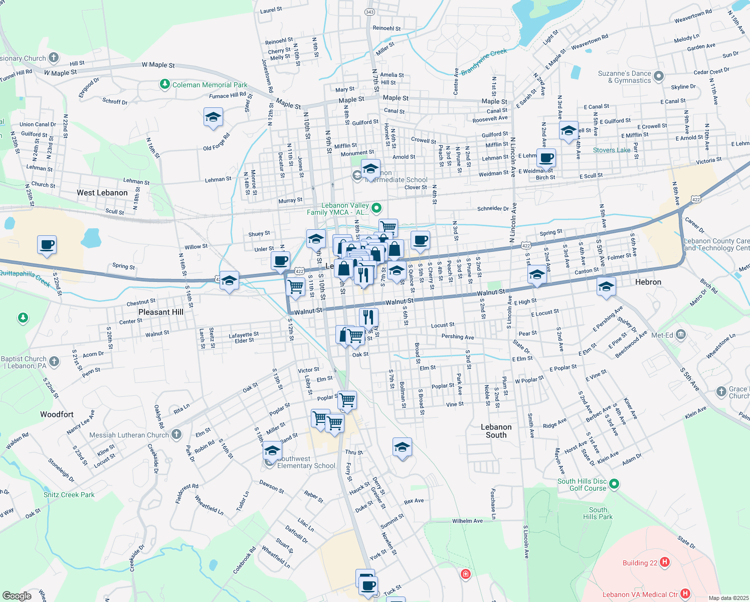 map of restaurants, bars, coffee shops, grocery stores, and more near 713 Walnut Street in Lebanon