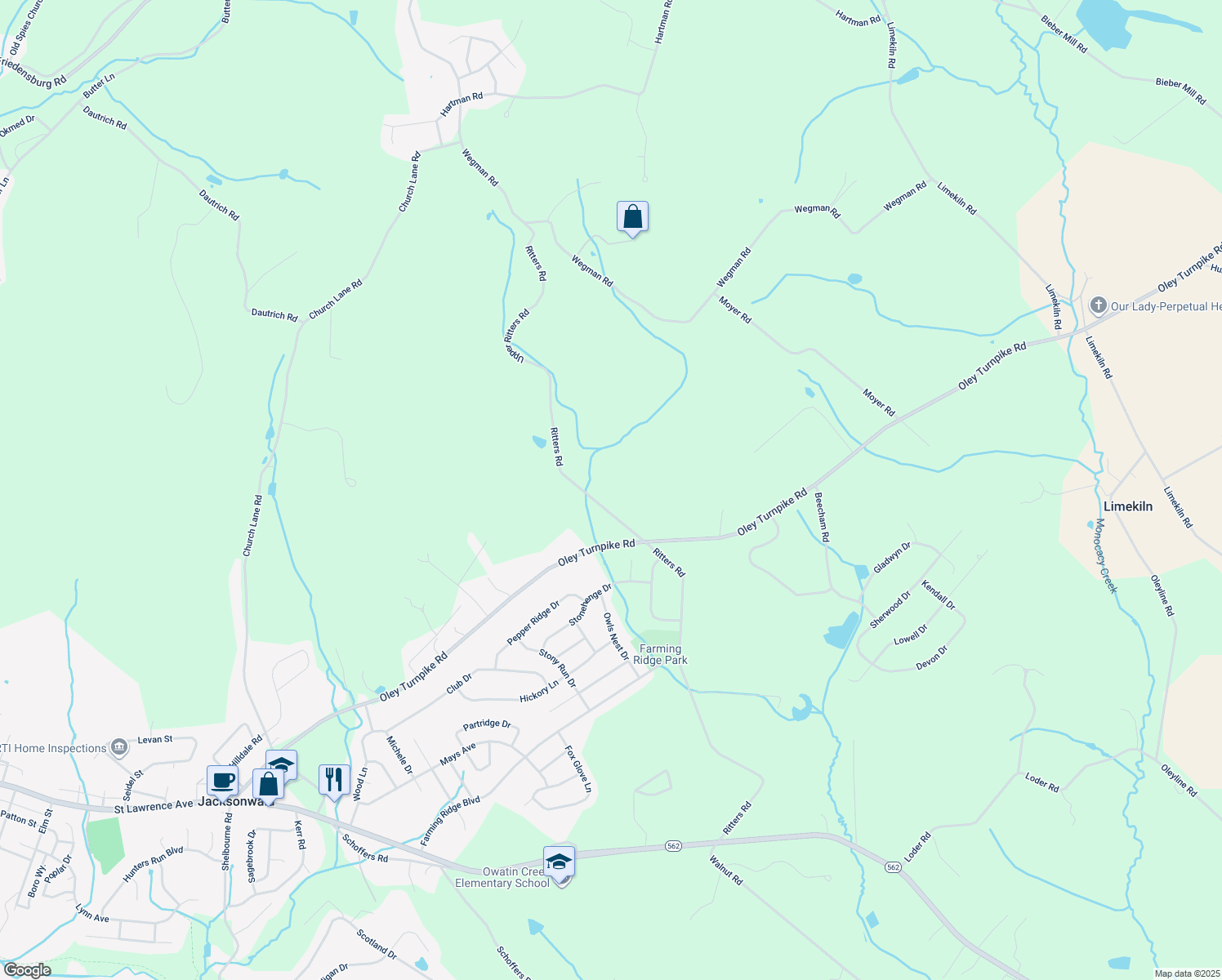map of restaurants, bars, coffee shops, grocery stores, and more near 1001 Ritters Rd in Reading