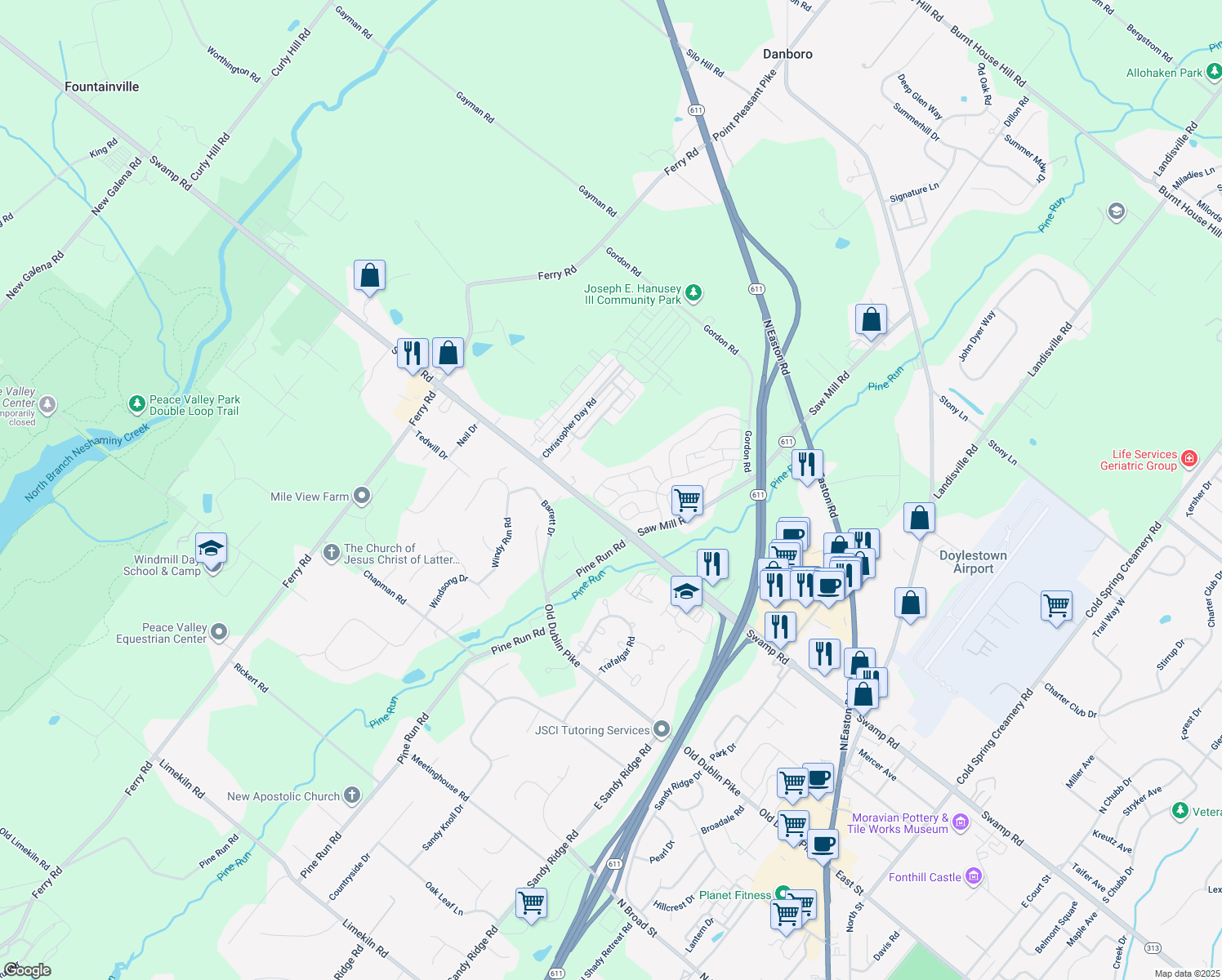 map of restaurants, bars, coffee shops, grocery stores, and more near 5004 Esther Reed Drive in Doylestown
