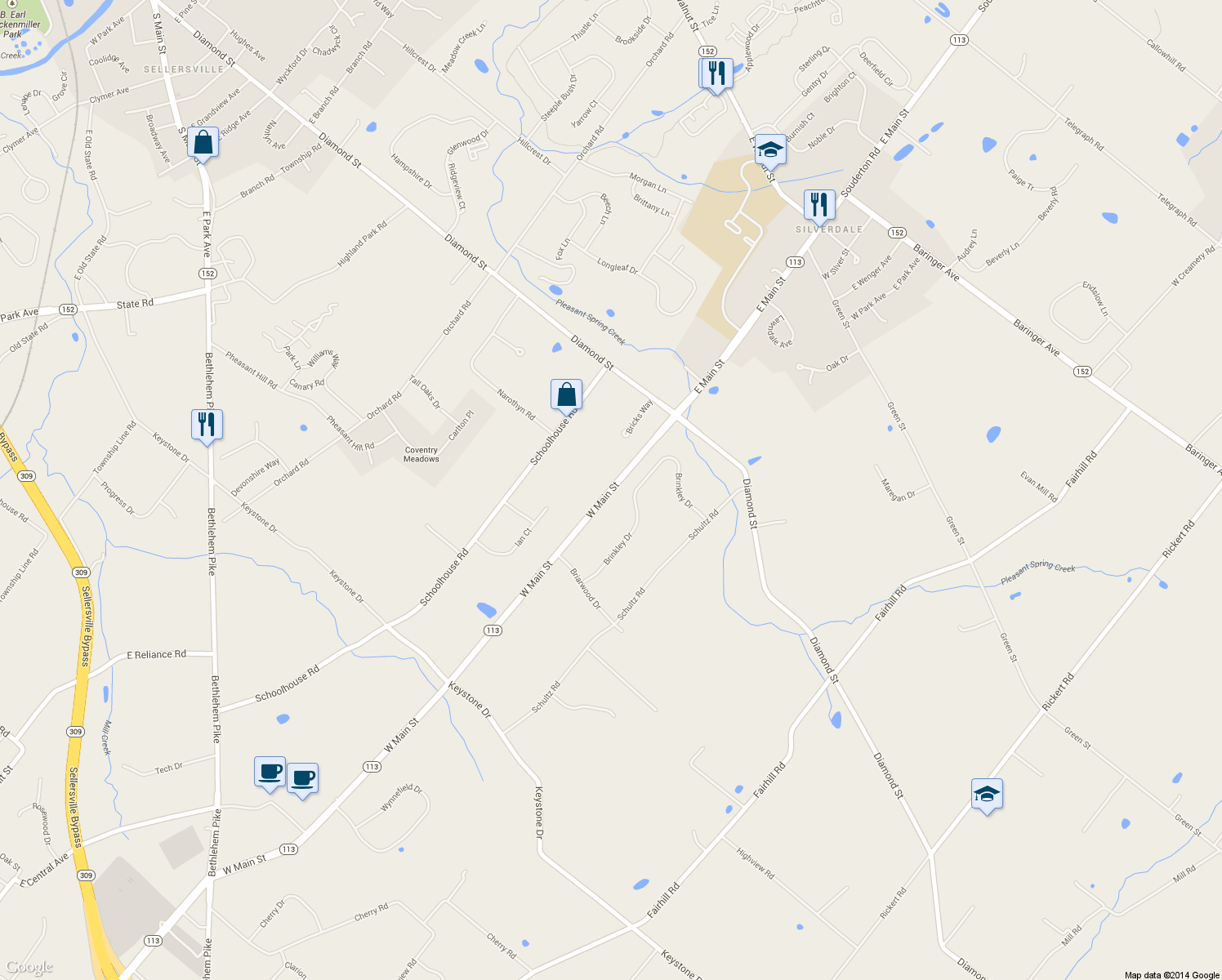 map of restaurants, bars, coffee shops, grocery stores, and more near 972 Route 113 in Sellersville