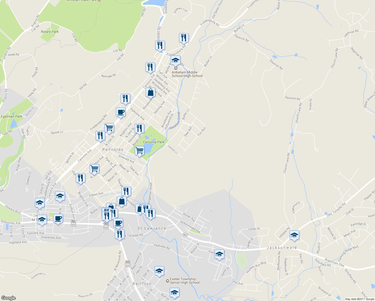 map of restaurants, bars, coffee shops, grocery stores, and more near 1040 Fox Run in Reading