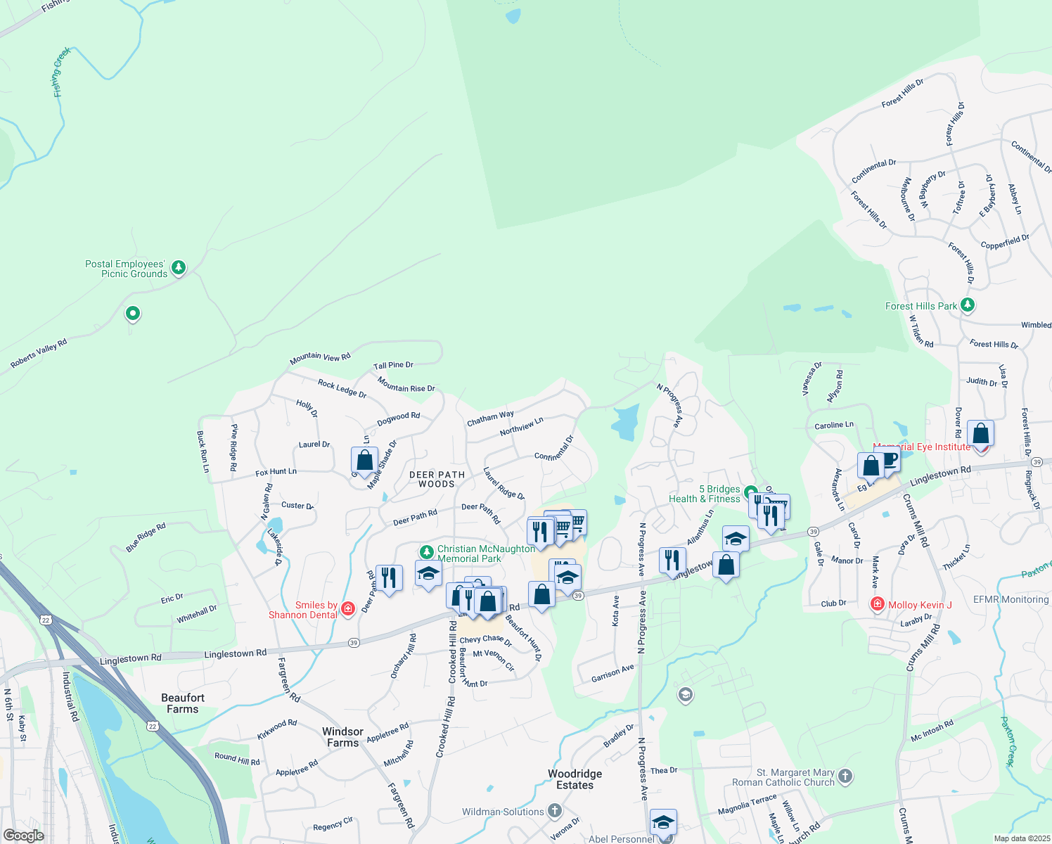 map of restaurants, bars, coffee shops, grocery stores, and more near 2208 Northview Lane in Harrisburg