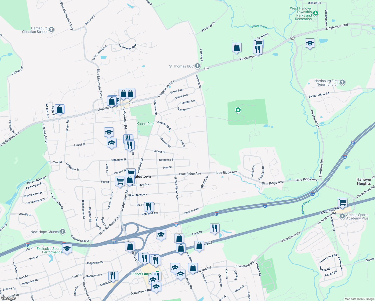 map of restaurants, bars, coffee shops, grocery stores, and more near 6229 Nassau Road in Harrisburg