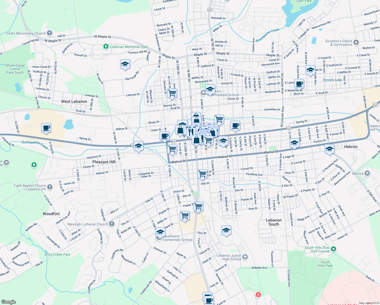 map of restaurants, bars, coffee shops, grocery stores, and more near 920 Chestnut Street in Lebanon