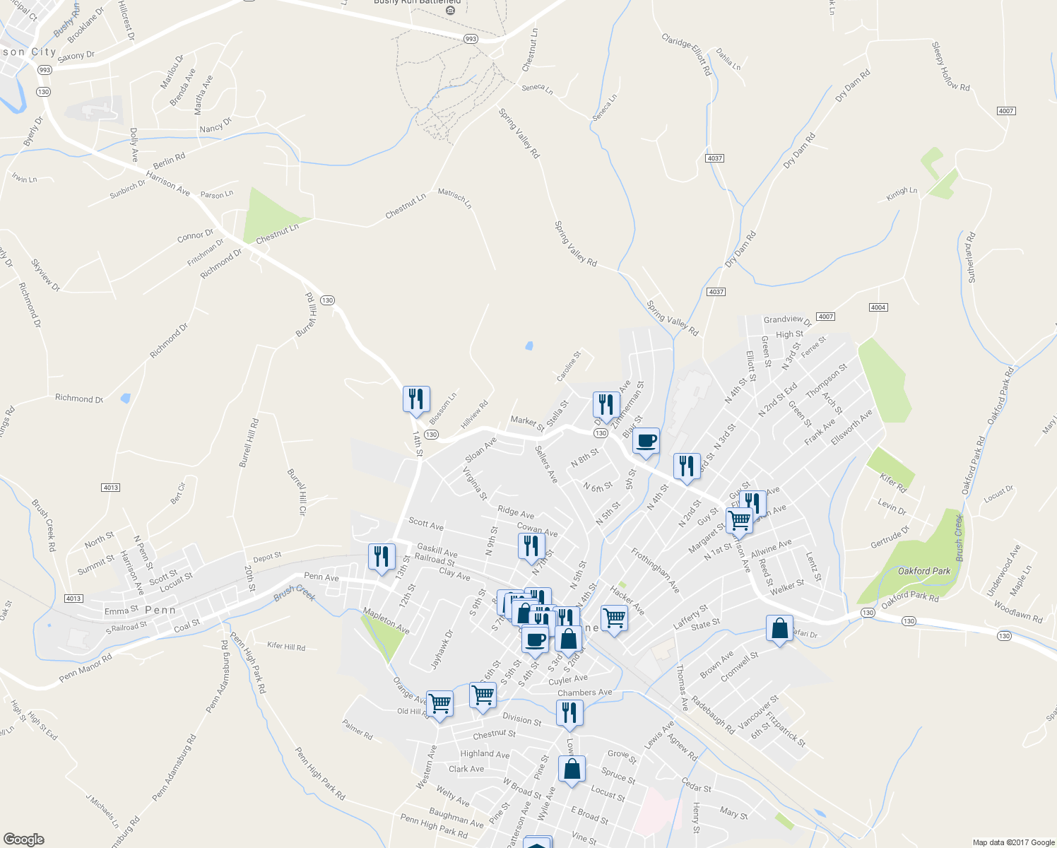 map of restaurants, bars, coffee shops, grocery stores, and more near 112 Market Street in Jeannette