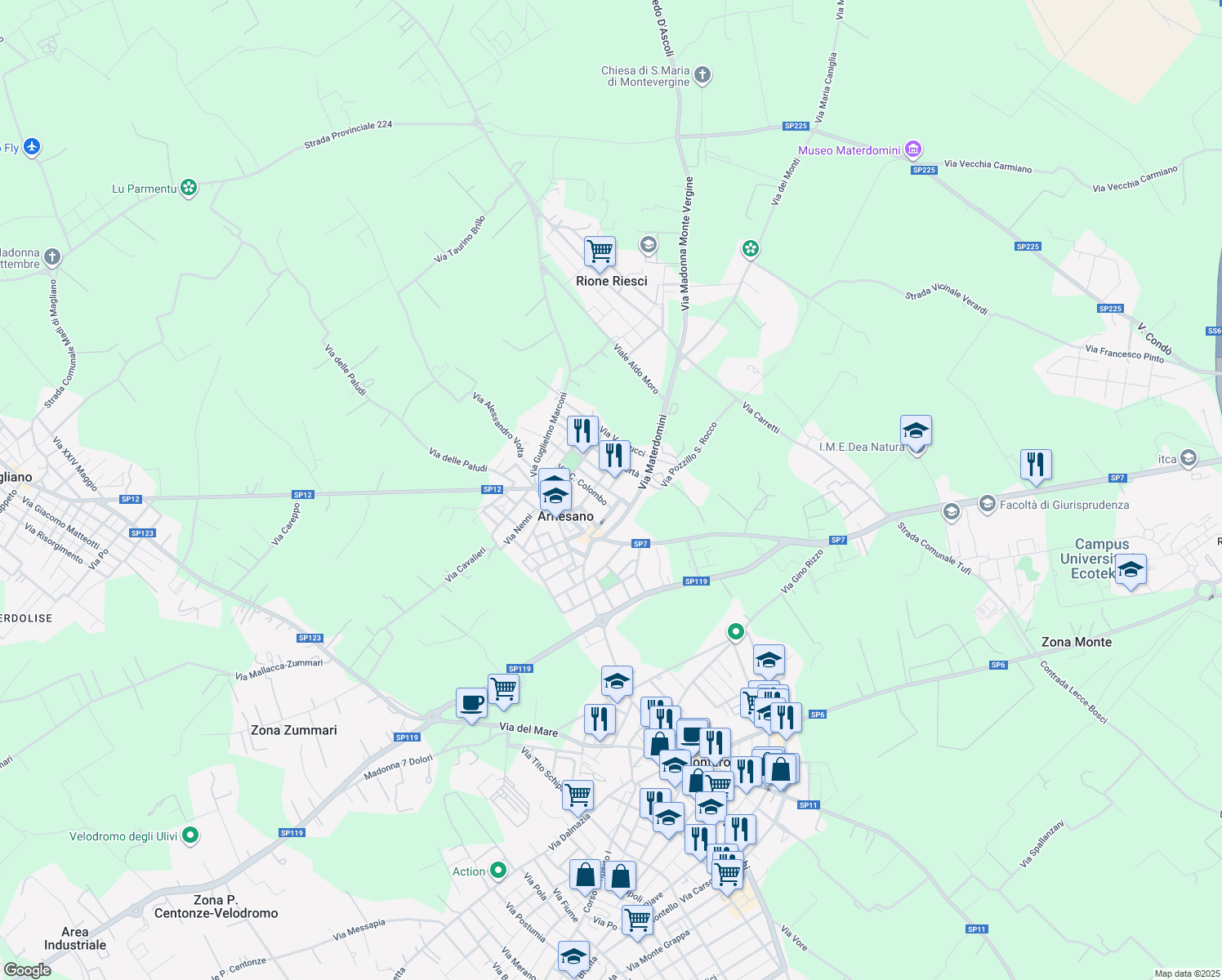 map of restaurants, bars, coffee shops, grocery stores, and more near 30 Via Galateo in Arnesano