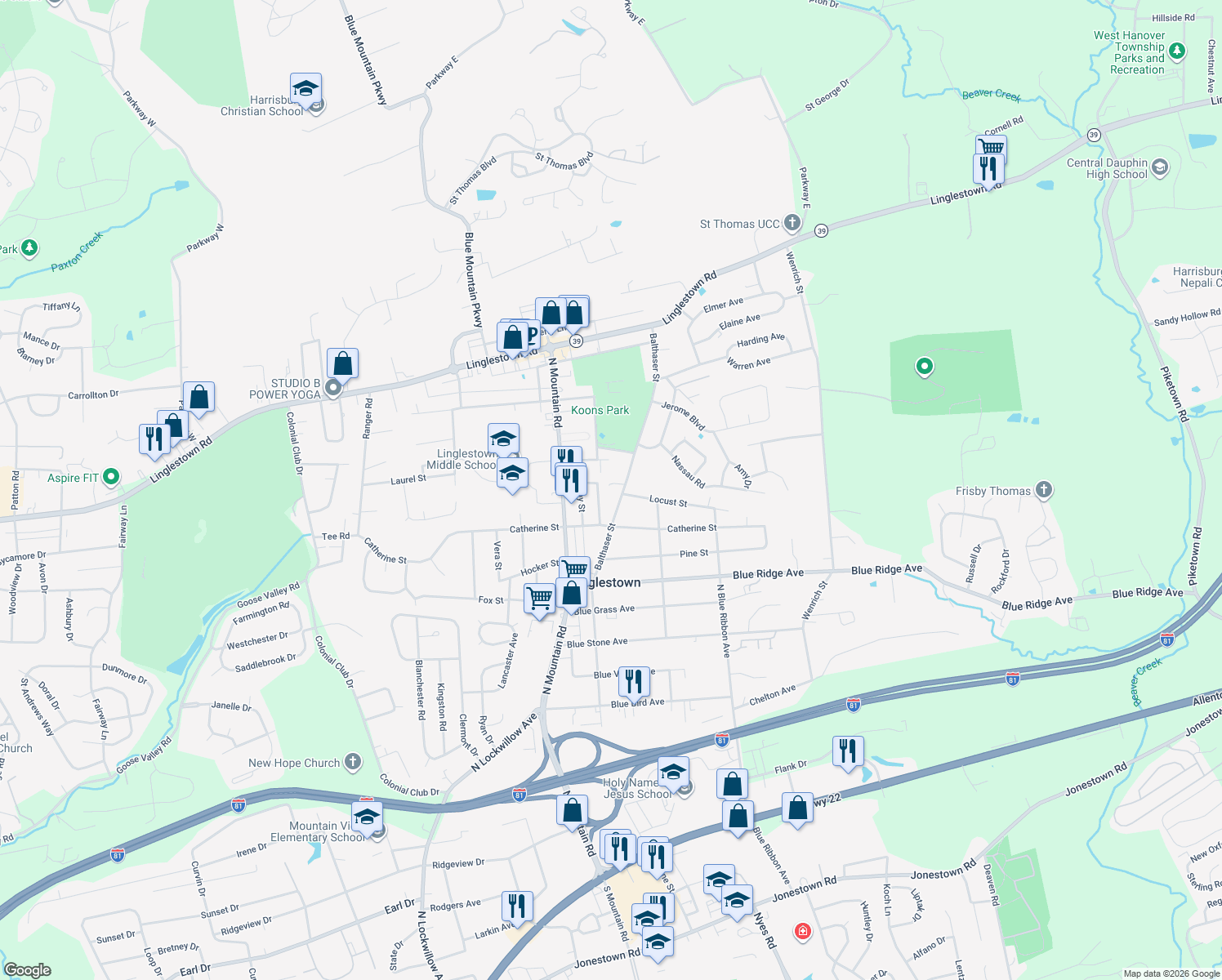 map of restaurants, bars, coffee shops, grocery stores, and more near 6031 Chapel St in Harrisburg