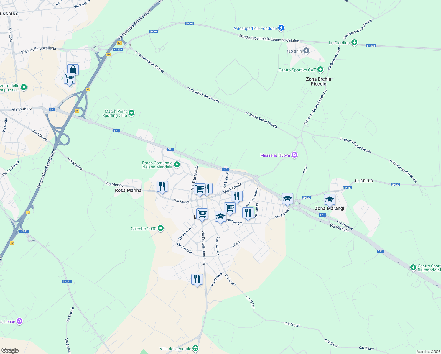 map of restaurants, bars, coffee shops, grocery stores, and more near 35 Via San Francesco D'Assisi in Merine