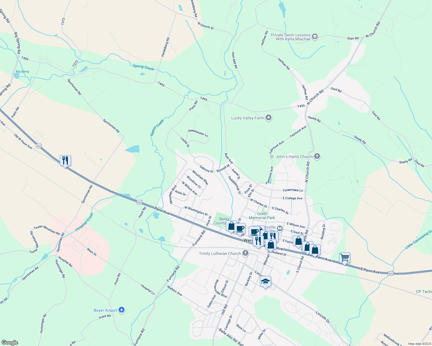 map of restaurants, bars, coffee shops, grocery stores, and more near 359 Pine Street in Wernersville