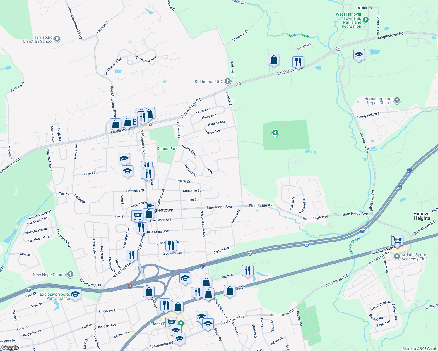 map of restaurants, bars, coffee shops, grocery stores, and more near 6220 Nassau Rd in Harrisburg