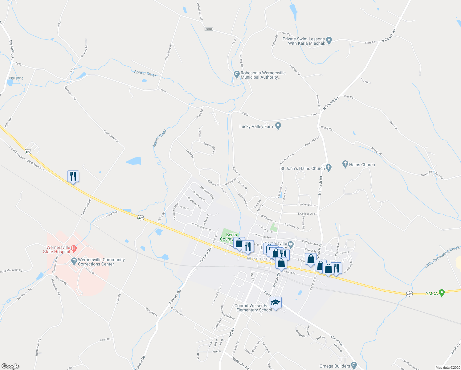 map of restaurants, bars, coffee shops, grocery stores, and more near 352 Saddlebrook Drive in Wernersville